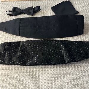 Cummerbunds: 2 black (one polka dot) w black bowtie & black satin handkerchief